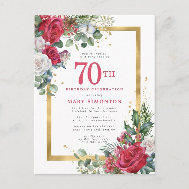 Red Rose Gold Holly 70th Birthday Invitation Postcard (Front)