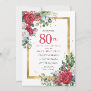 Red Rose Gold Holly 80th Birthday Invitation