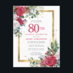 Red Rose Gold Holly 80th Birthday Invitation Postcard<br><div class="desc">Beautiful red and white roses are nestled in holly and eucalyptus leaves to create an elegant floral display. They decorate a wide gold frame and are dappled with gold confetti dust. 80th birthday celebration and the person's name is written in a large red text. There is more room on the...</div>