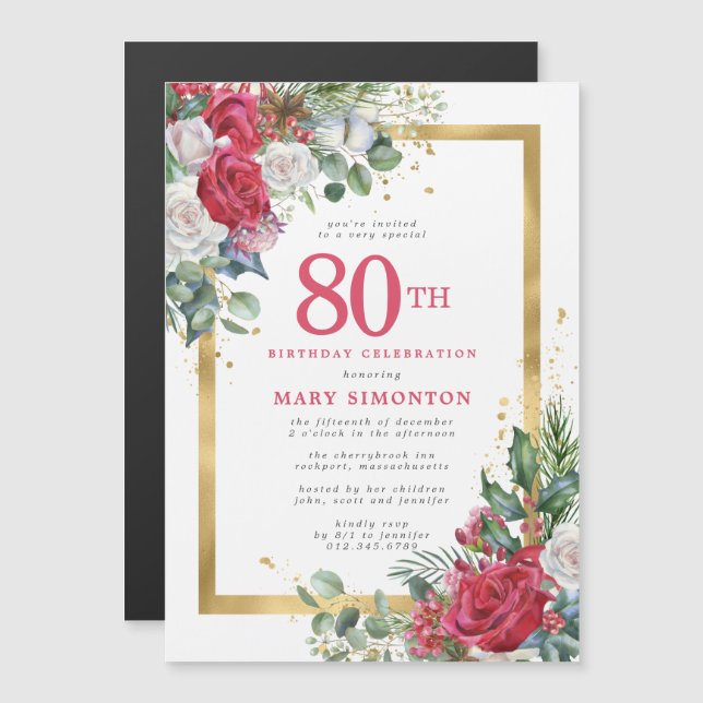 Red Rose Gold Holly 80th Birthday Magnetic Invitation (Front/Back)