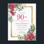Red Rose Gold Holly 90th Birthday Invitation Postcard<br><div class="desc">Beautiful red and white roses are nestled in holly and eucalyptus leaves to create an elegant floral display. They decorate a wide gold frame and are dappled with gold confetti dust. 90th birthday celebration and the person's name is written in a large red text. There is more room on the...</div>