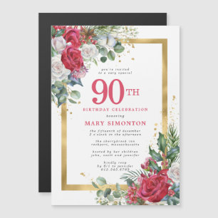 Red Rose Gold Holly 90th Birthday Magnetic Invitation