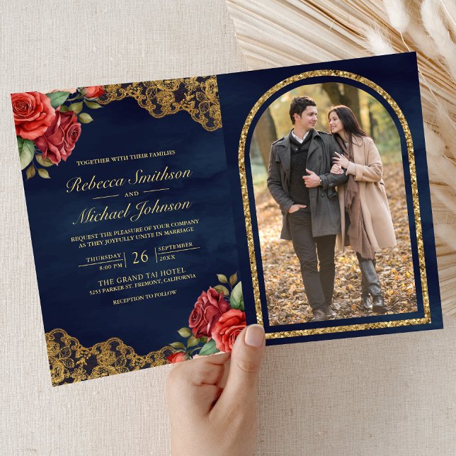 Red Rose Gold Lace Navy Blue QR Code Photo Wedding Invitation (Creator Uploaded)