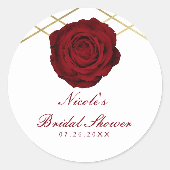 Red Rose & Gold Lines Floral Elegant Custom Favour Classic Round Sticker (Front)