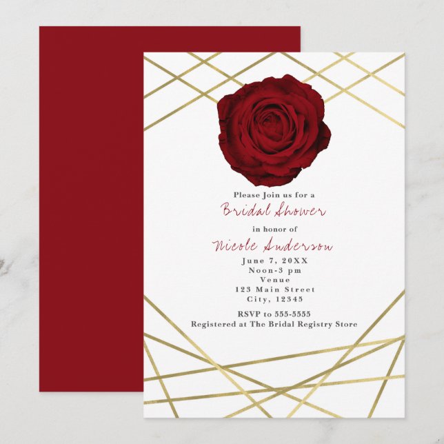 Red Rose & Gold Lines Floral Elegant Invitation (Front/Back)