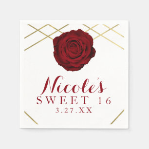 Red Rose & Gold Lines Floral Elegant Party Custom Napkin