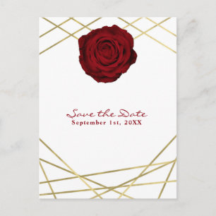 Red Rose & Gold Lines Floral Elegant Save the Date Announcement Postcard