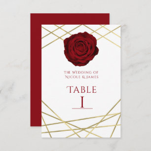 Red Rose & Gold Lines Floral Elegant Table Number