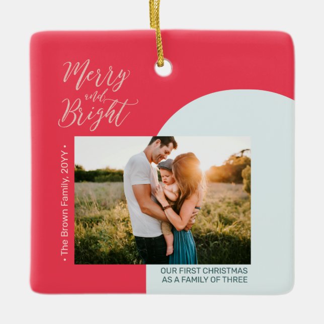 Red & Rose Gold Modern Photo Christmas Family Cera Ceramic Ornament (Front)