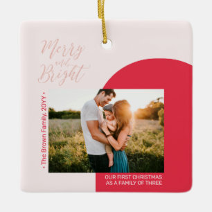 Red & Rose Gold Modern Photo Christmas Family Ceramic Ornament