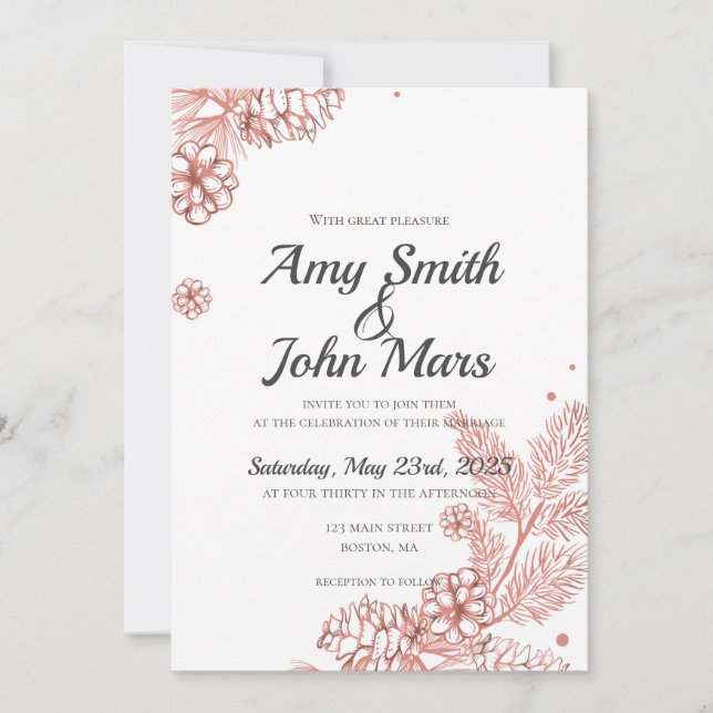 Red Rose Gold Pine Cones Invitation (Front)