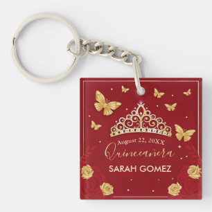 Red Rose Gold Quinceanera Key Ring