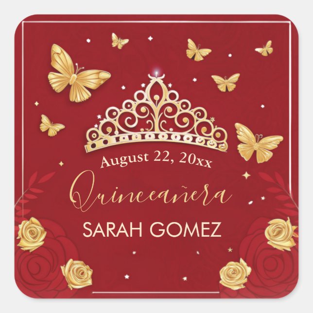  Red Rose Gold Quinceanera  Square Sticker (Front)