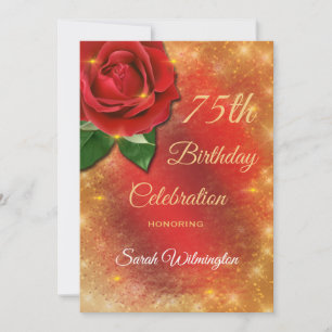 Red Rose Gold Sparkle Satin 75th Birthday Invitation