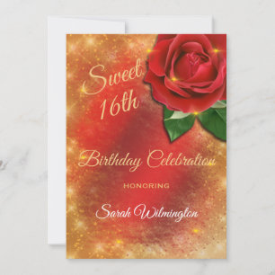 Red Rose Gold Sparkle Satin Sweet 16 Birthday Invitation