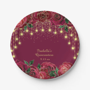 Red Rose Gold Star String Light Stars Quinceañera  Paper Plate