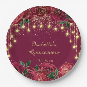Red Rose Gold Star String Light Stars Quinceañera  Paper Plate