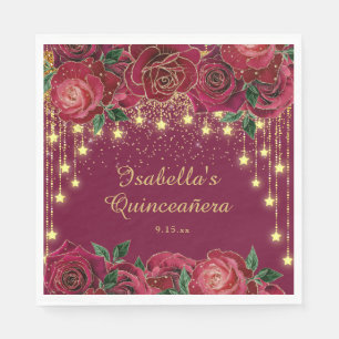 Red Rose Gold String Light Stars Quinceañera  Napkin