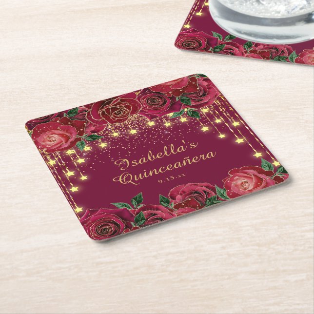 Red Rose Gold String Light Stars Quinceañera  Square Paper Coaster (Angled)