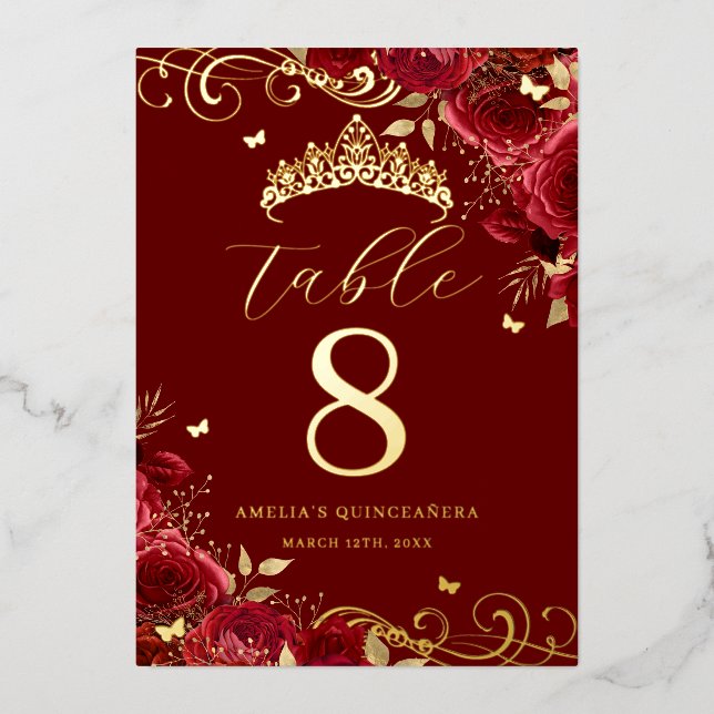 Red Rose Gold Swirl Quinceanera Table Number  (Front)