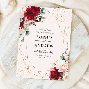 Red Rose & Gold Watercolor Floral Save the Date Invitation