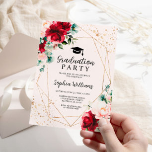 Red Rose & Gold Watercolor Graduation Party Invitation