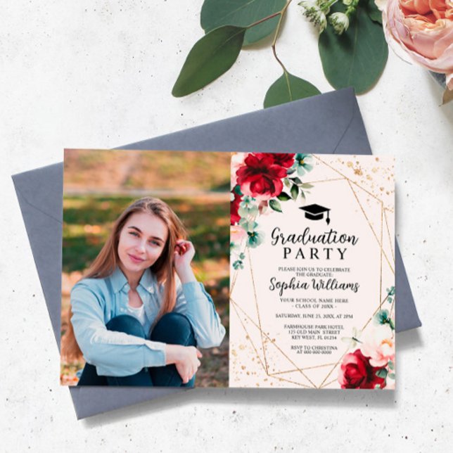 Red Rose & Gold Watercolor Photo Graduation Party Invitation (Creator Uploaded)