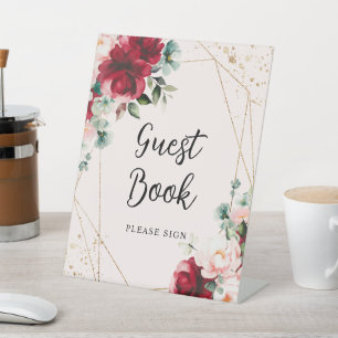 Red Rose & Gold Watercolor Shower Guest Book Sign