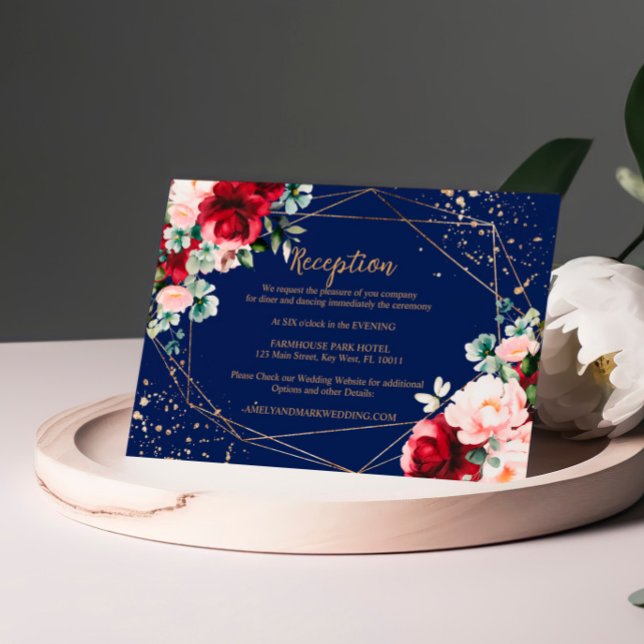Red Rose & Gold Watercolor Wedding Reception Enclosure Card (Creator Uploaded)