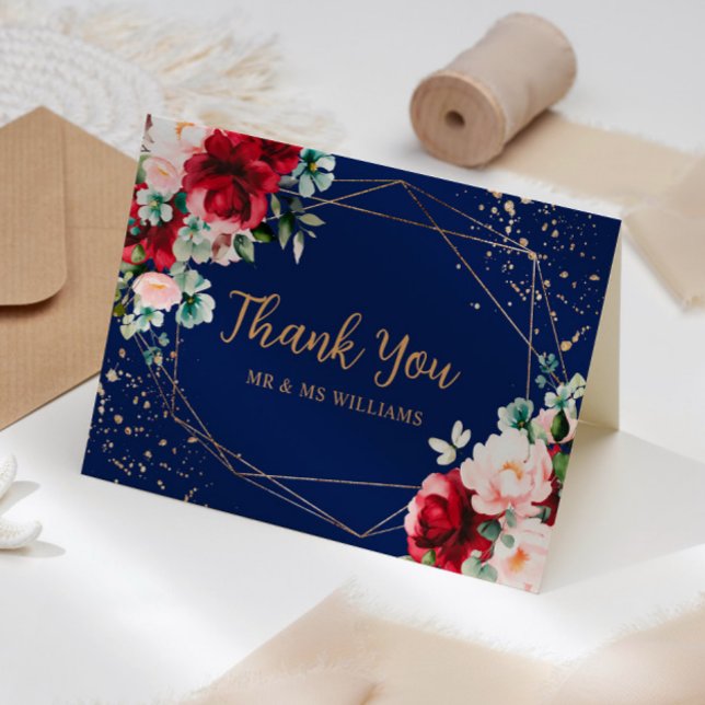 Red Rose & Gold Watercolor Wedding Thank You Card (Creator Uploaded)
