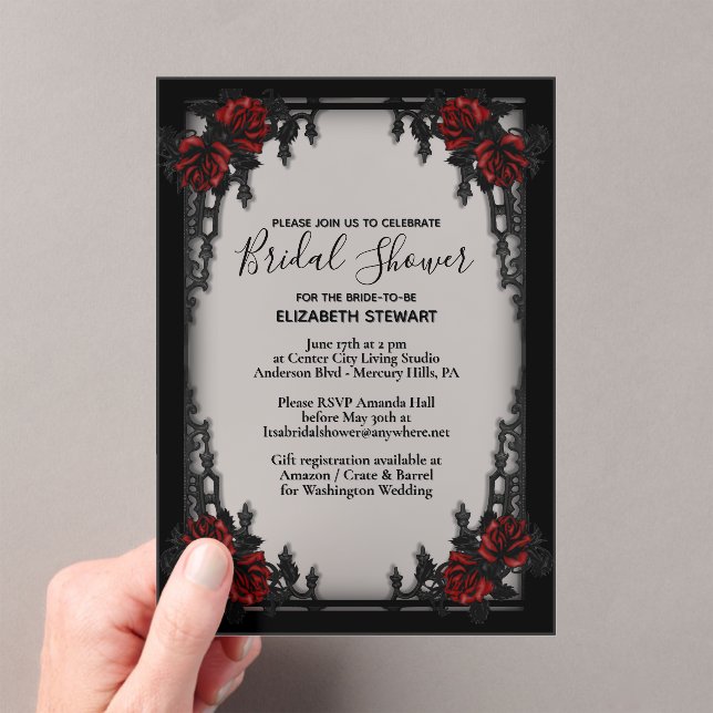Red Rose Gothic Bridal Shower Iron Gate Acrylic Invitations (Insitu (Handheld))