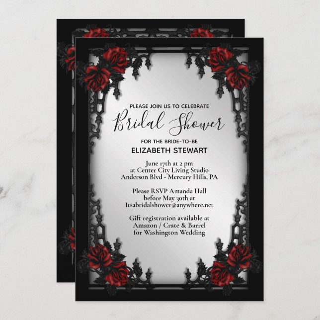 Red Rose Gothic Bridal Shower Iron Gate Invitation (Front/Back)