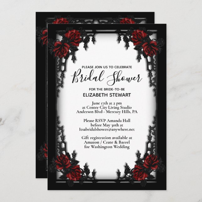 Red Rose Gothic Bridal Shower w Registration Info Invitation (Front/Back)
