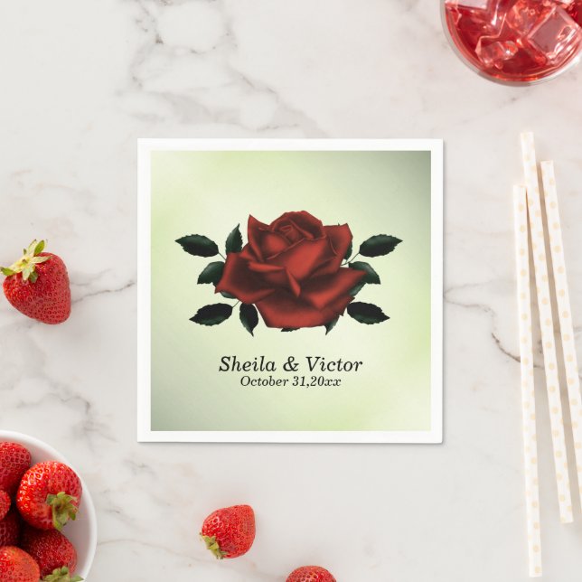 Red Rose Gothic Names Date Green Wedding Napkins (Insitu)