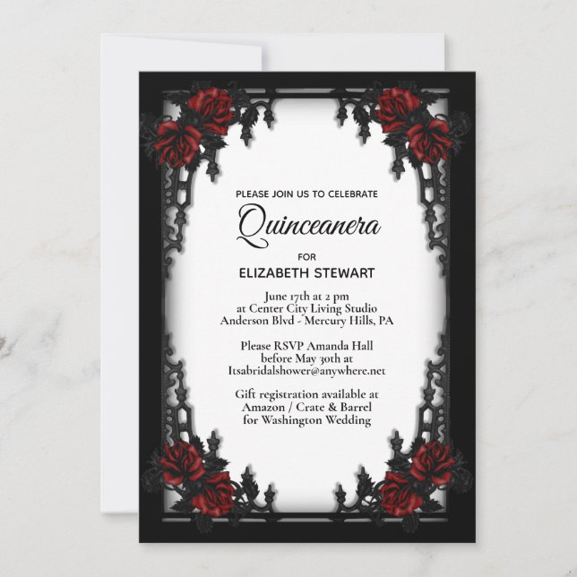 Red Rose Gothic Quinceanera Iron Gate White Invitation (Front)