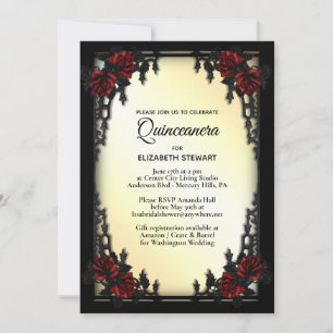Red Rose Gothic Quinceañera Iron Gate Yellow Invitation