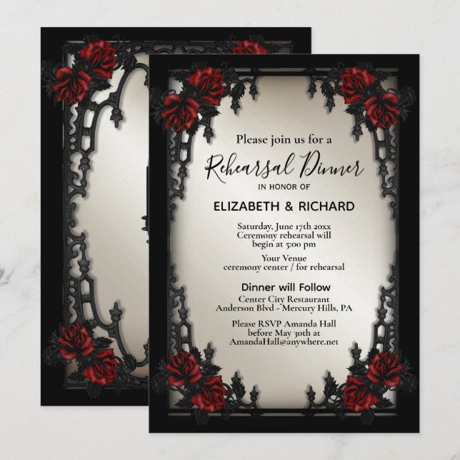 Red Rose Gothic Rehearsal Dinner Iron Gate  Invitation (Front/Back)