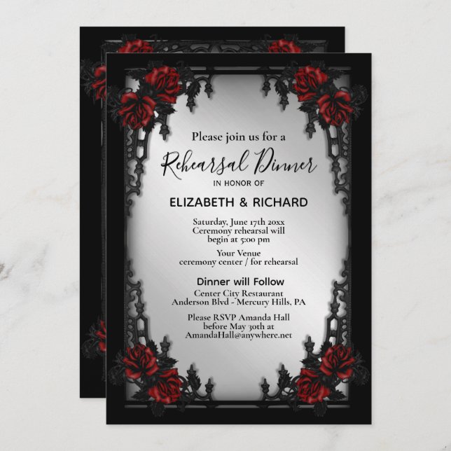 Red Rose Gothic Rehearsal Dinner Iron Gate  Invitation (Front/Back)