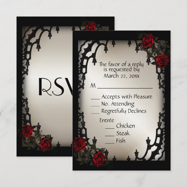 Red Rose Gothic RSVP Antique Gold Menu Choice (Front/Back)