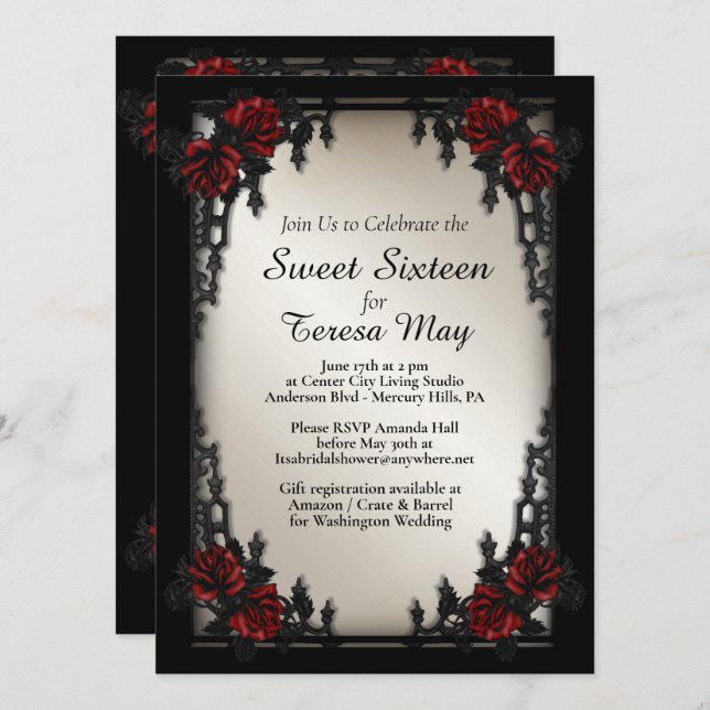 Red Rose Gothic Sweet Sixteen Iron Gate Gold Invitation (Front/Back)