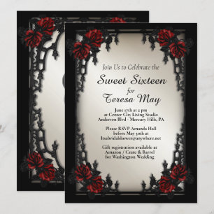 Red Rose Gothic Sweet Sixteen Iron Gate Gold Invitation