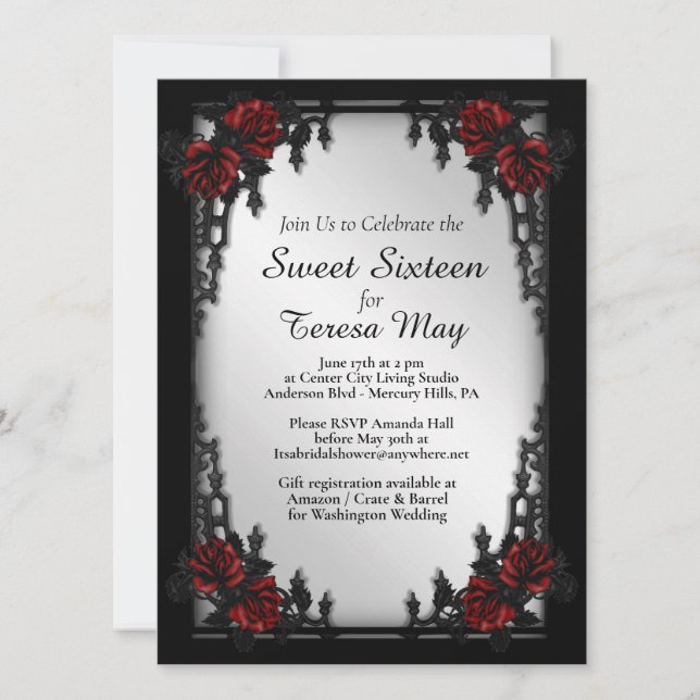 Red Rose Gothic Sweet Sixteen Iron Gate Invitation (Front)