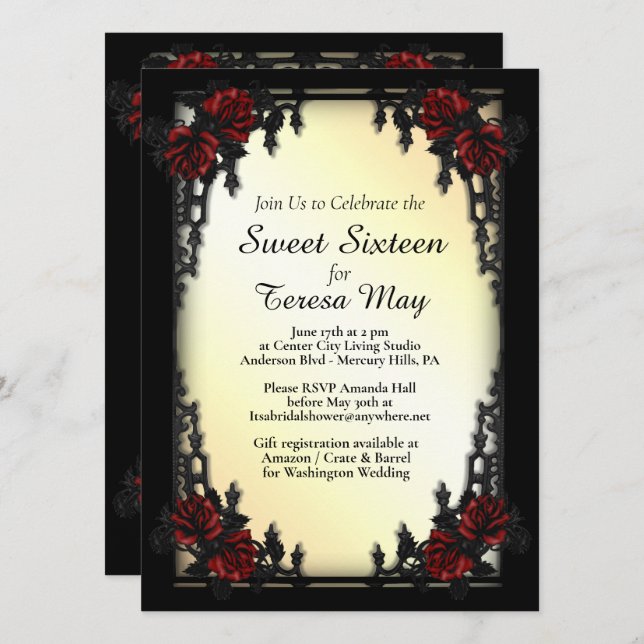 Red Rose Gothic Sweet Sixteen Iron Gate Invitation (Front/Back)