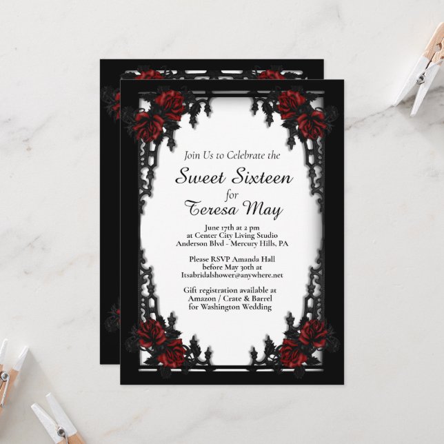 Red Rose Gothic Sweet Sixteen Iron Gate White Invitation (Front/Back In Situ)