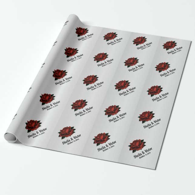 Red Rose Gothic Wedding Name and Date Wrapping Paper (Unrolled)