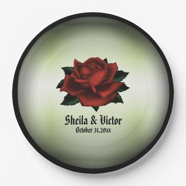 Red Rose Gothic Wedding Names and Date Green  Paper Plate (Front)