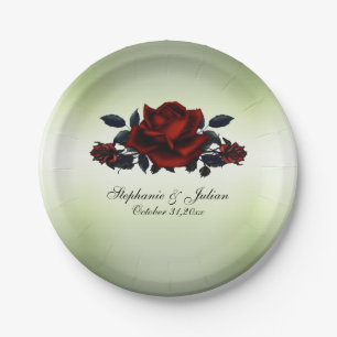 Red Rose Gothic Wedding Names and Date Green Paper Plate