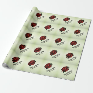 Red Rose Gothic Wedding Names and Date Green Wrapping Paper