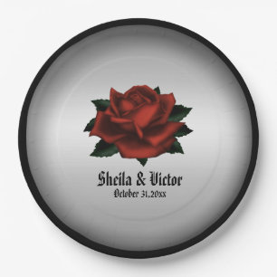 Red Rose Gothic Wedding Names and Date Paper Plate