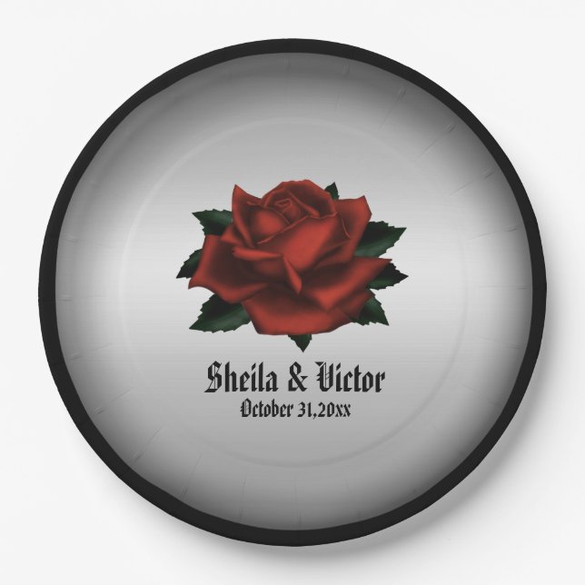 Red Rose Gothic Wedding Names and Date Paper Plate (Front)